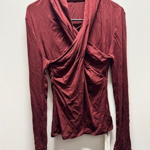 Commense Deep Red Draped Long Sleeve Blouse